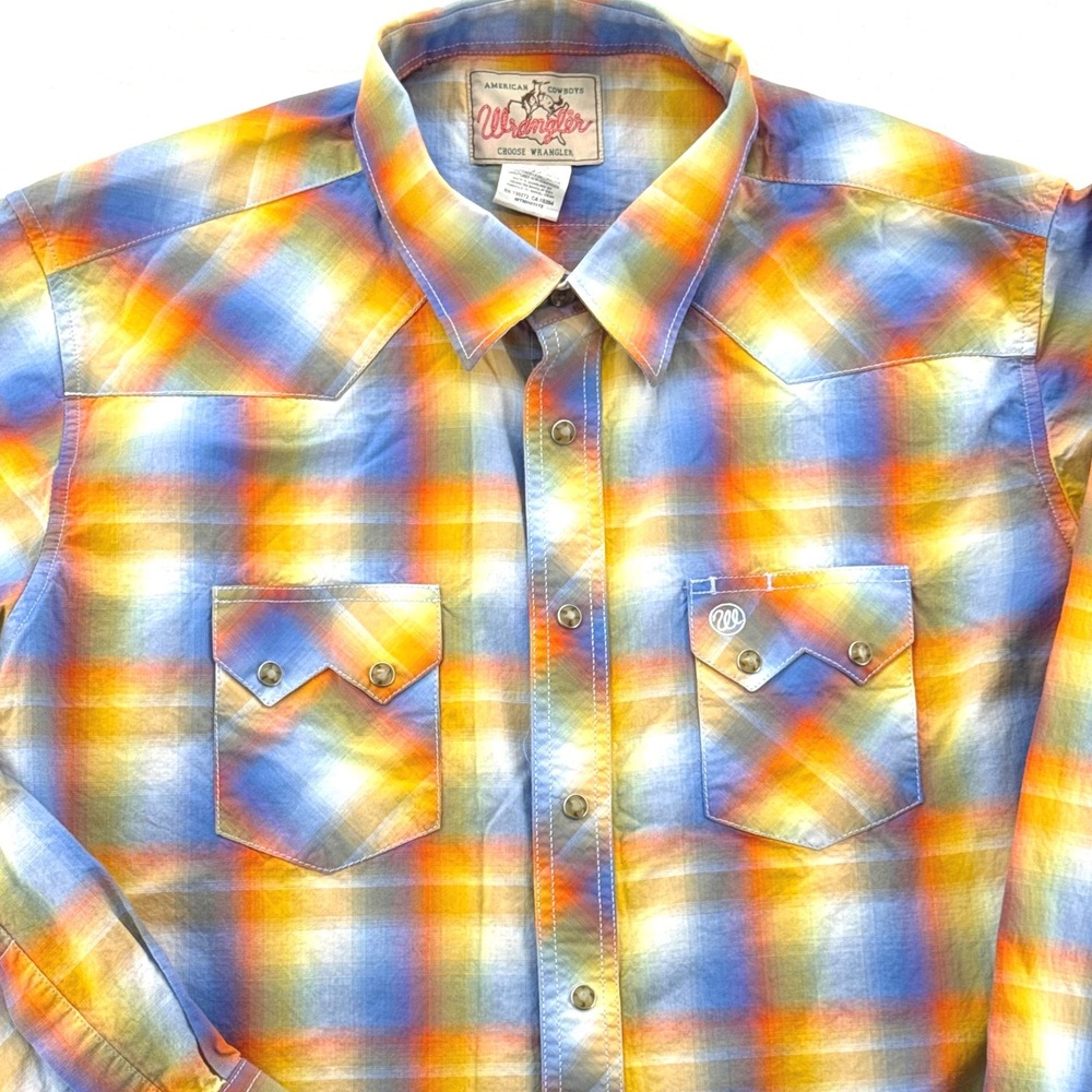 Wrangler Mens Ombre Western Snap Shirt XL Multi Color Plaid Pearl Snap Rodeo FUN
